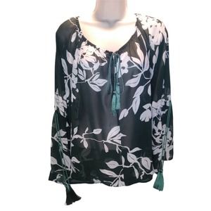 Eva Mendes NY & Co Women Floral Tunic Top Silk Tassel Dark Green White Print L